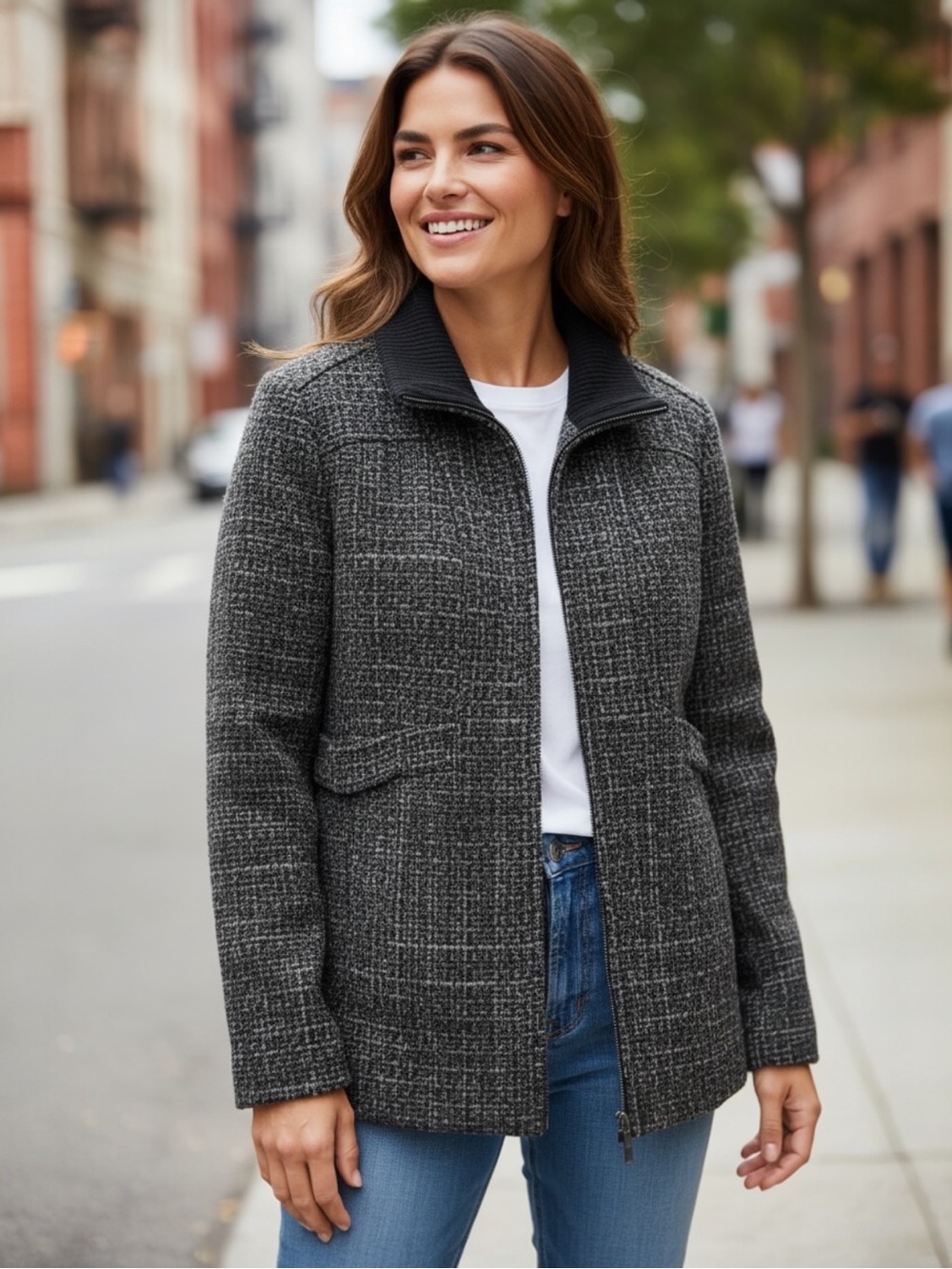 Croft & Barrow Wool Blend Zip Front Jacket Coat Women’s M Gray Black Textured